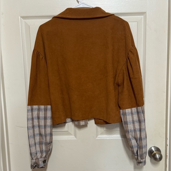 SHEIN Brown & plaid Short Jacket with bubble sleeves-thin quarter Roy/faux suede - Picture 8 of 8